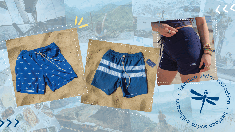 Trio of images in a line with the bartaco women's board shorts, men's trunks in blue and white stripe, and men's trunks in dragonfly print.