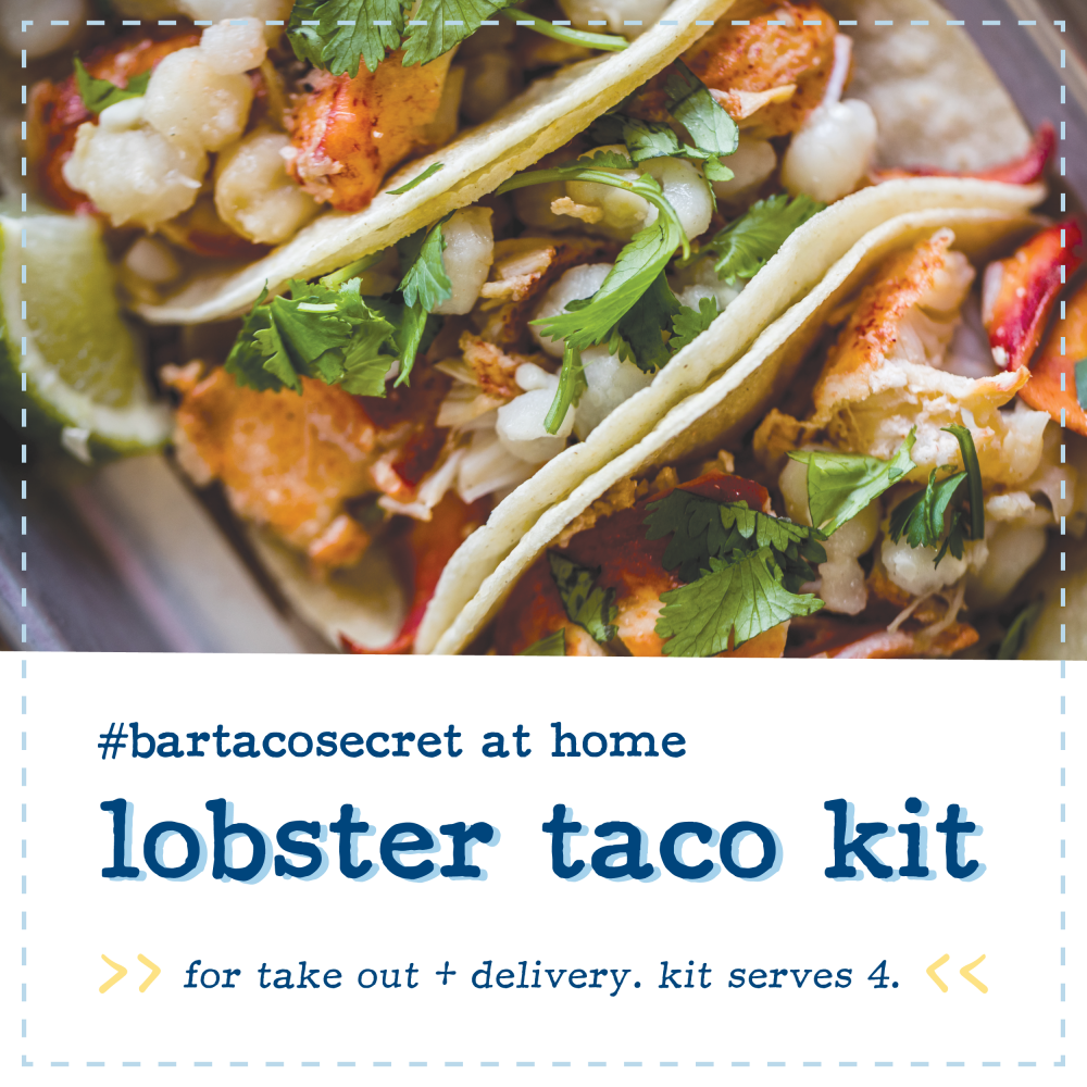 close up of lobster taco, text says bartaco secret at home, lobster taco kit